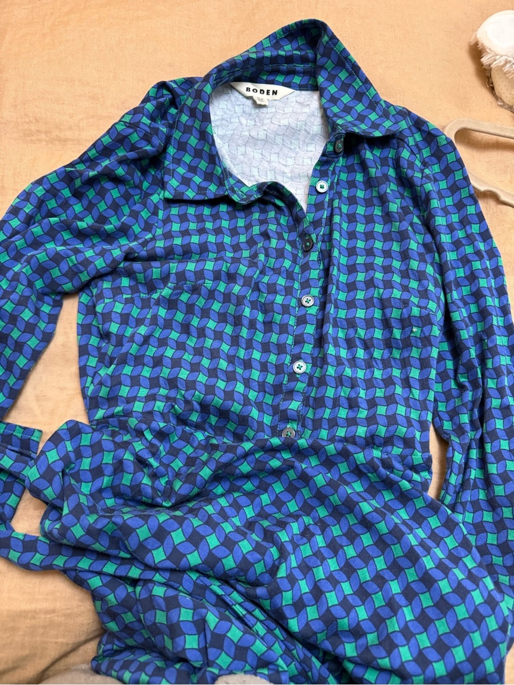 Boden cotton blend Blue & Green Geometric Shirt Dress with Tie Waist - Picture 10 of 10